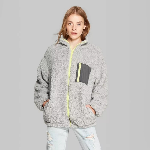 Wild Fable Sz XL Gray Fleece Sherpa Zip-Up with neon green accents - Picture 1 of 13